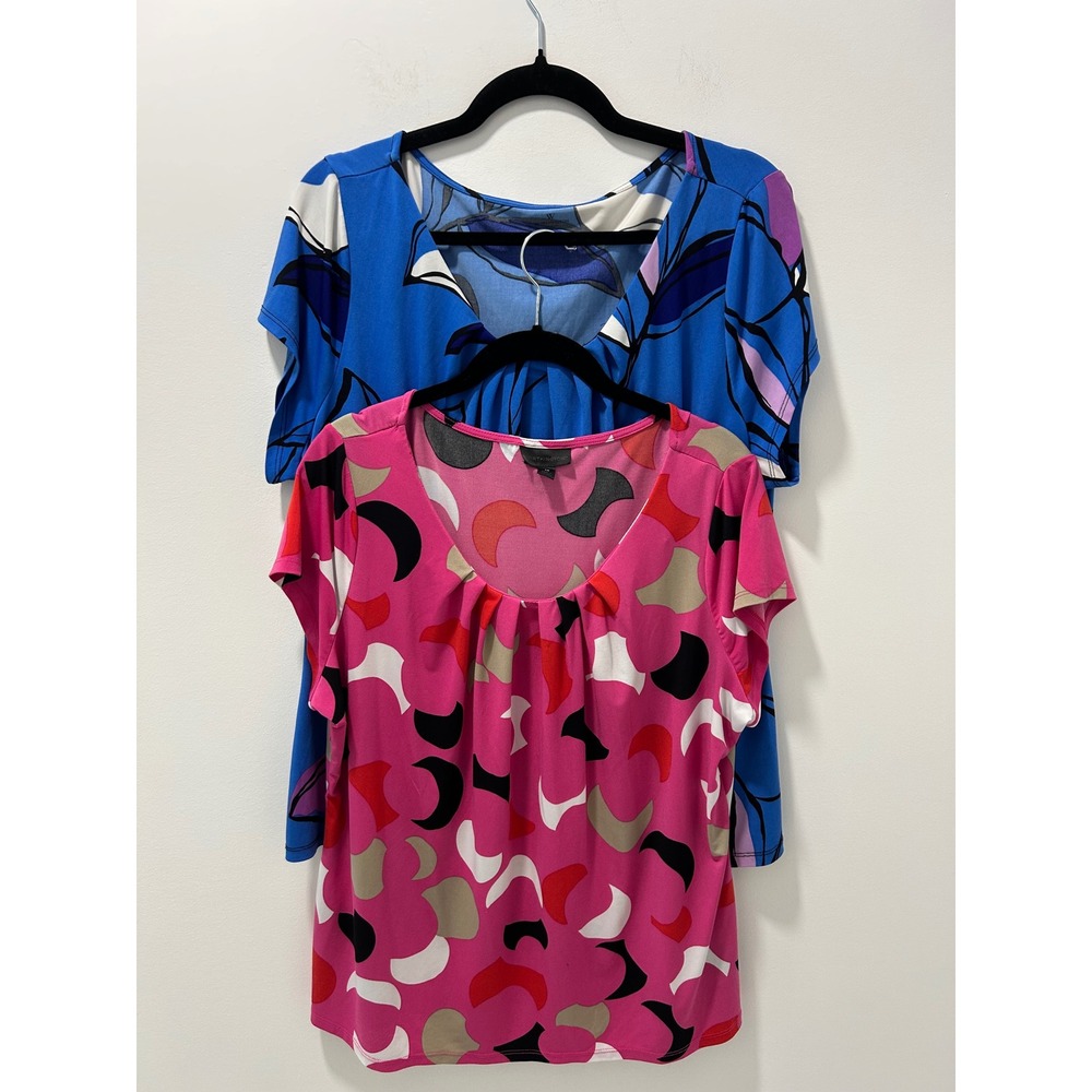Worthington Woman 2 Pack Short Sleeve Blouse Bundle Floral Geometric Pink 1X